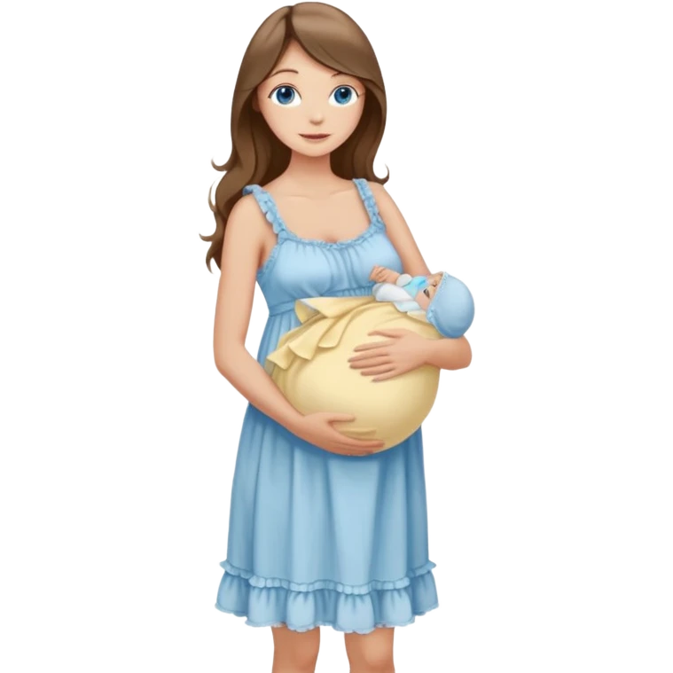 Beautiful Woman with Blue eyes, and long flowing almond brown hair and a light peachy tan skin tone, standing in a relaxed pose holding her visible baby bump in a frilly buttercream colored babydoll sundress  emoji