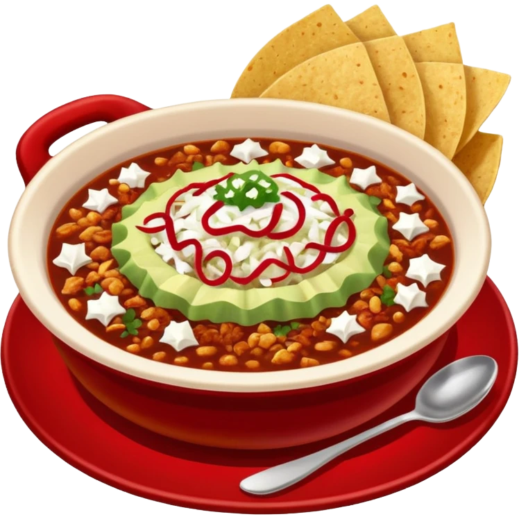 hot pozole rojo with steam, hominy, and sides: onions, shredded cabbage, lime wedges, red chile de arbol salsa, and tostadas lightly smeared with sour cream emoji