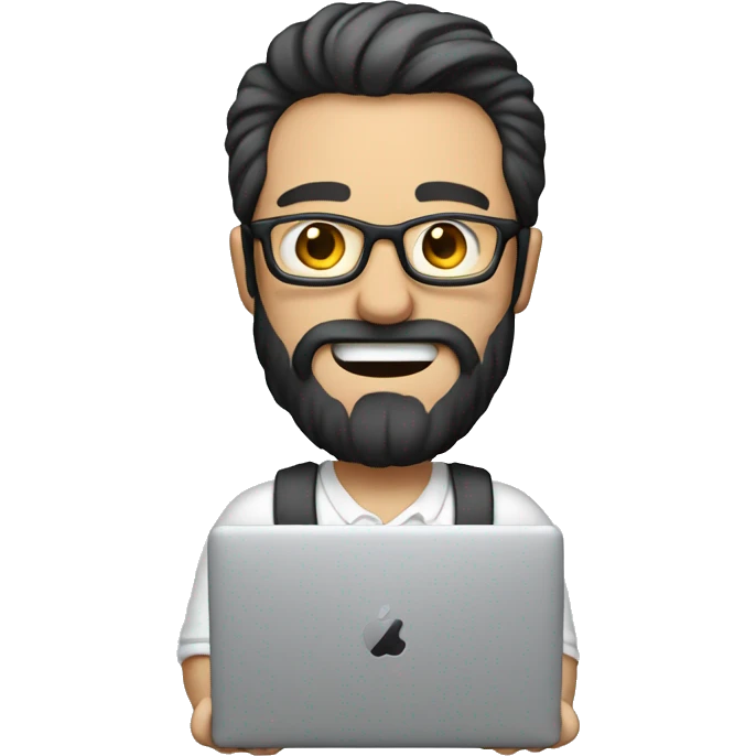 Emoji man with beard holding macbook in hands wearing glasses and shirt, profession - graphic designer. Features: white skin, full body type, dark hair, earring in left ear emoji