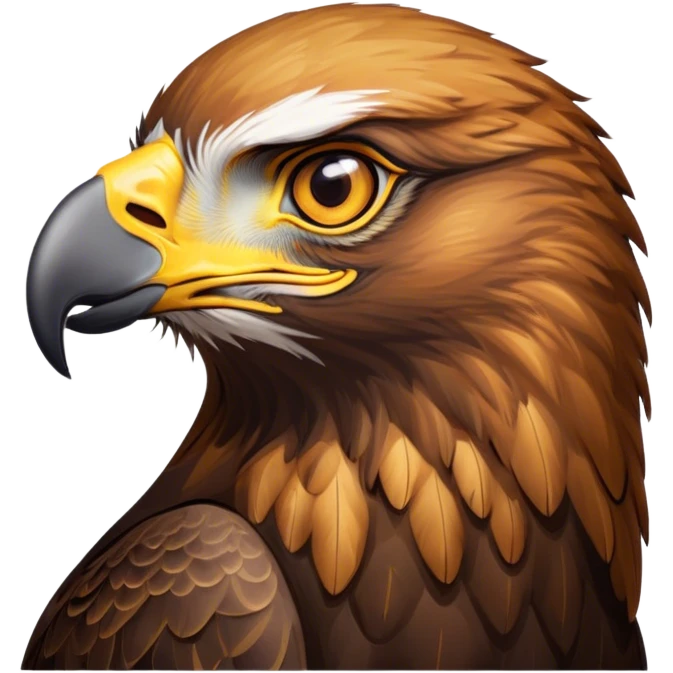 Cinematic Noble Golden Eagle Portrait Emoji, Poised and majestic, with a powerful, broad build, regal hooked beak, and piercing, intense eyes set against richly golden-brown plumage, Simplified yet sharp and sophisticated features, highly detailed, glowing with a soft, amber radiance, high shine, intelligent and commanding, stylized with an air of aerial supremacy, focused and determined, soft glowing outline, capturing the essence of a watchful and confident golden eagle that appears ready to soar out of the screen with effortless authority! emoji