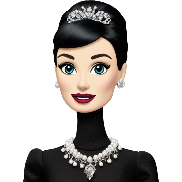Glamorous Audrey Hepburn as Sabrina Barbie.Morticia Addams. Show full body. Embroidered long black gown jewelry gloves pearl earrings  emoji