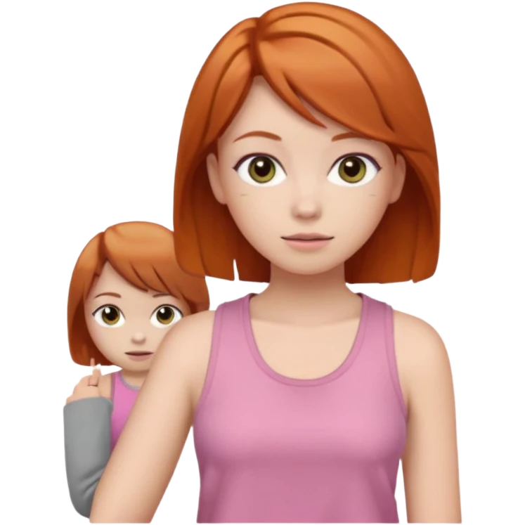 Create emojis of a girl with ginger hair and a hime haircut, gray eyes. She's wearing a pink tank top and a brown sweatshirt. emoji