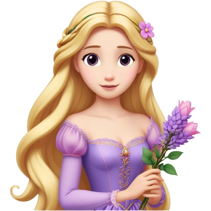Cinematic Realistic Rapunzel Portrait, with porcelain-like skin featuring a subtle, natural glow, illuminated by soft lighting that brings out the gentle contours of her face. Her long, golden blonde hair cascades in detailed waves, each strand highlighted with a radiant shimmer as it catches the light. She playfully holds a flower in one hand, her other hand resting casually in her lap, with a warm and spirited expression. Her bright, expressive green eyes exude curiosity and warmth, framed by delicate lashes and soft, arched brows. She is dressed in her classic lavender and pink gown, the fabric textured with delicate folds that flow naturally, catching the light with a soft, radiant glow. The portrait captures a luminous, enchanting aura, seamlessly blending realism with a whimsical, fairytale charm, evoking a timeless sense of beauty and magic. emoji
