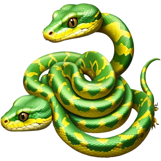 cinematic-green tree python-realistic-full-body-coiled-emoji,-thick-scaled-body-looped-tightly,-intricate-yellow and white-patterned-scales-reflecting-light,-head-tilted-dramatically,-cute-eyes-staring-calmly,-simplified-yet-realistic-focused-feature emoji