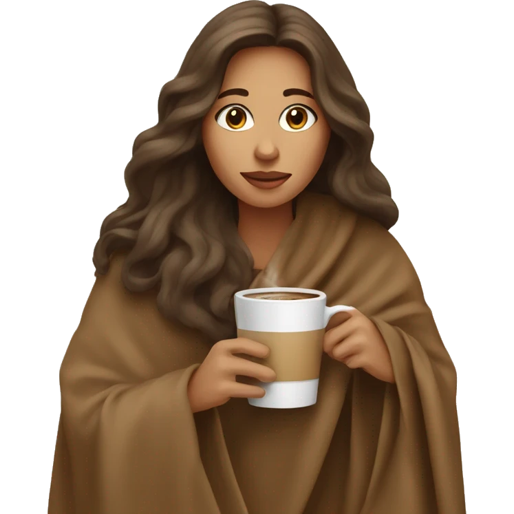Brown long hair lady wearing light brown blanket drinking coffee  emoji