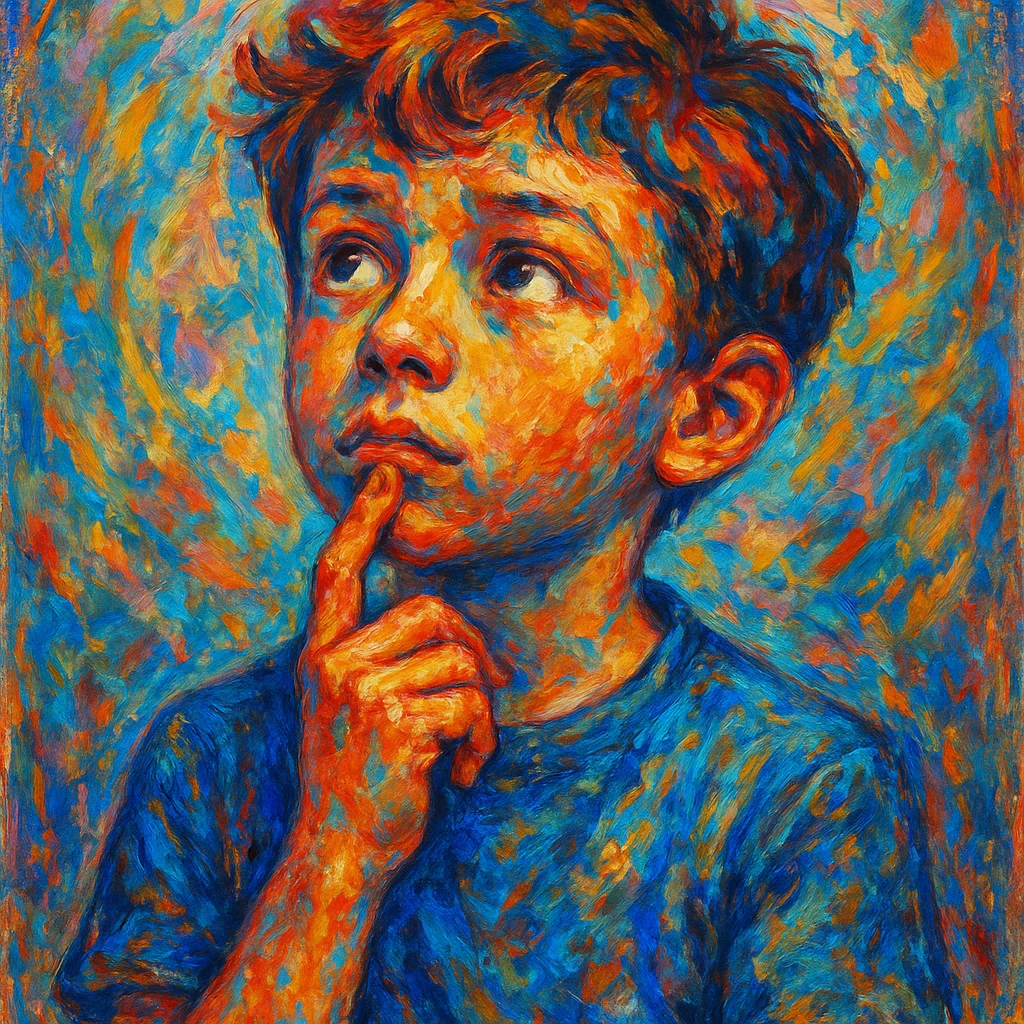 a boy thinking, finger on chin, looking up, creative illustration style emoji