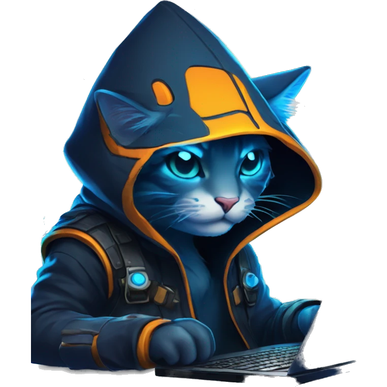 Side view developer cat behind his laptop with this style : Riot Games Valorant neon glowing bright blue character blue black hooded assassin themed character emoji