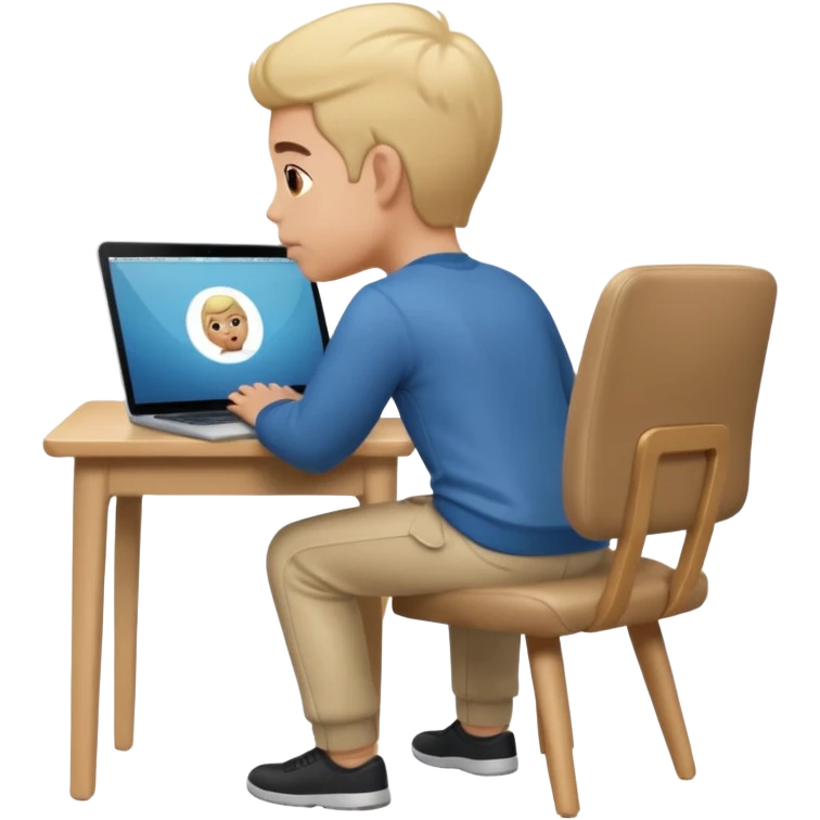 Memoji sitting on a chair from behind (pnly hair and back of the chair shown) focusing on laptop  emoji