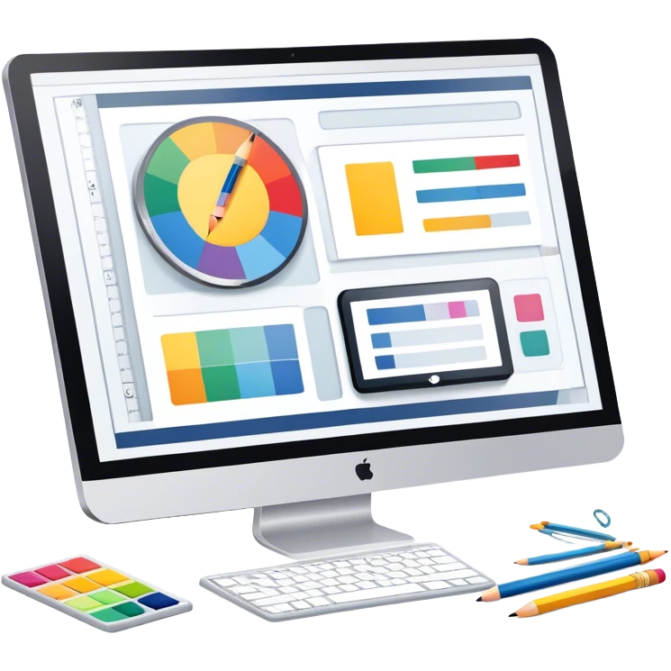 Professional emoji for Graphic Design: a computer screen displaying a design layout, vector shapes, a color palette, and design tools like a pencil and ruler. The icon should represent creativity and precision in graphic design. Transparent background. emoji