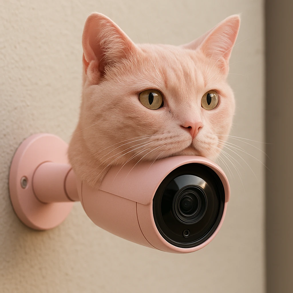 a CCTV camera shaped like a pink cat, realistic and lifelike, modern design emoji