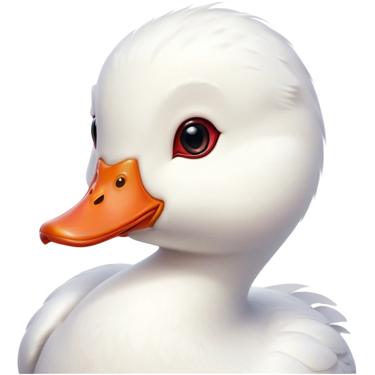 Cinematic Cute White Duck Portrait Emoji, Head tilted playfully and inquisitively, featuring a glossy, immaculate white plumage with a charming red bill, round, sparkling eyes filled with curiosity, Simplified yet irresistibly adorable features, highly detailed, glowing with a warm, friendly glow, high shine, affectionate and lively, stylized with a touch of whimsical charm, bright and endearing, soft glowing outline, capturing the essence of a mischievous yet loving duck, so playful it feels like it could waddle out of the screen and into your arms! emoji