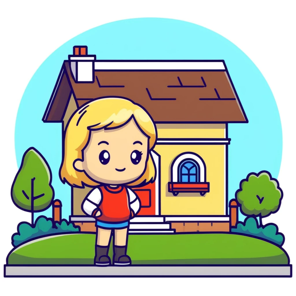 a blonde girl standing outside a small cute home emoji