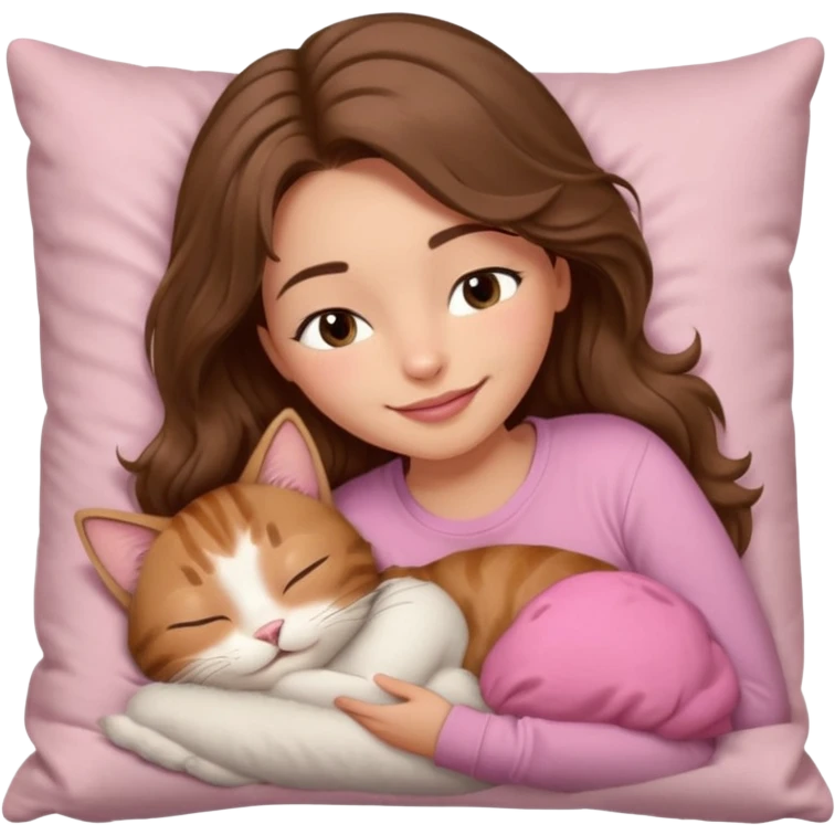 girl with wavy long brown hair, brown eyes, light to medium complexion, long lashes, light pink lipstick, smiling, wearing light pink shirt, sleeping on a cozy pillow, cuddling a brown tabby cat  emoji