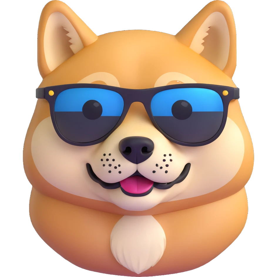 close-up of a Shiba Inu face wearing sunglasses emoji