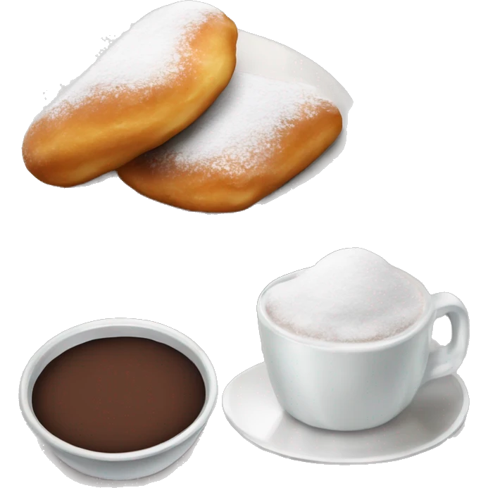 Realistic plate of powdered sugar beignet s with glass cup of chocolate dip. emoji