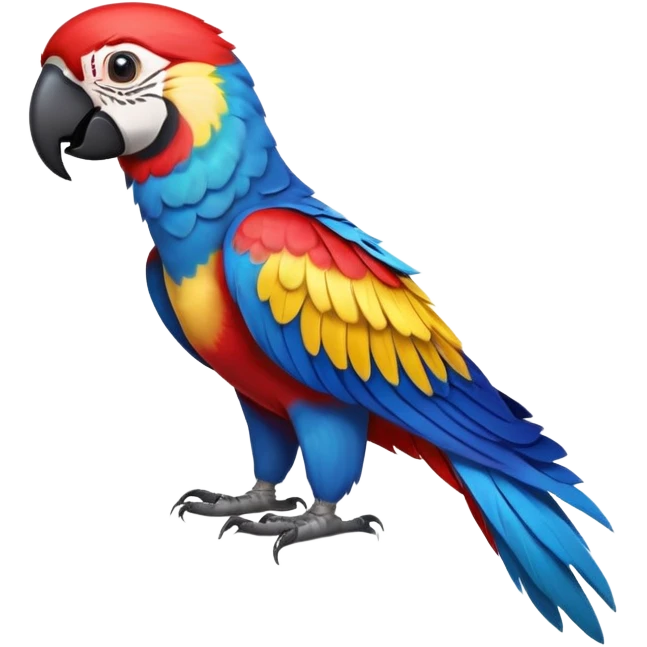cinematic-macaw-realistic-full-body-standing-emoji,-vibrant-feathers-glowing-with-rich-reds,-blues,-and-yellows,-head-tilted-dramatically,-curved-black-beak-gleaming,-piercing-dark-eyes-exuding-confidence,-simplified-yet-realistic-focused emoji