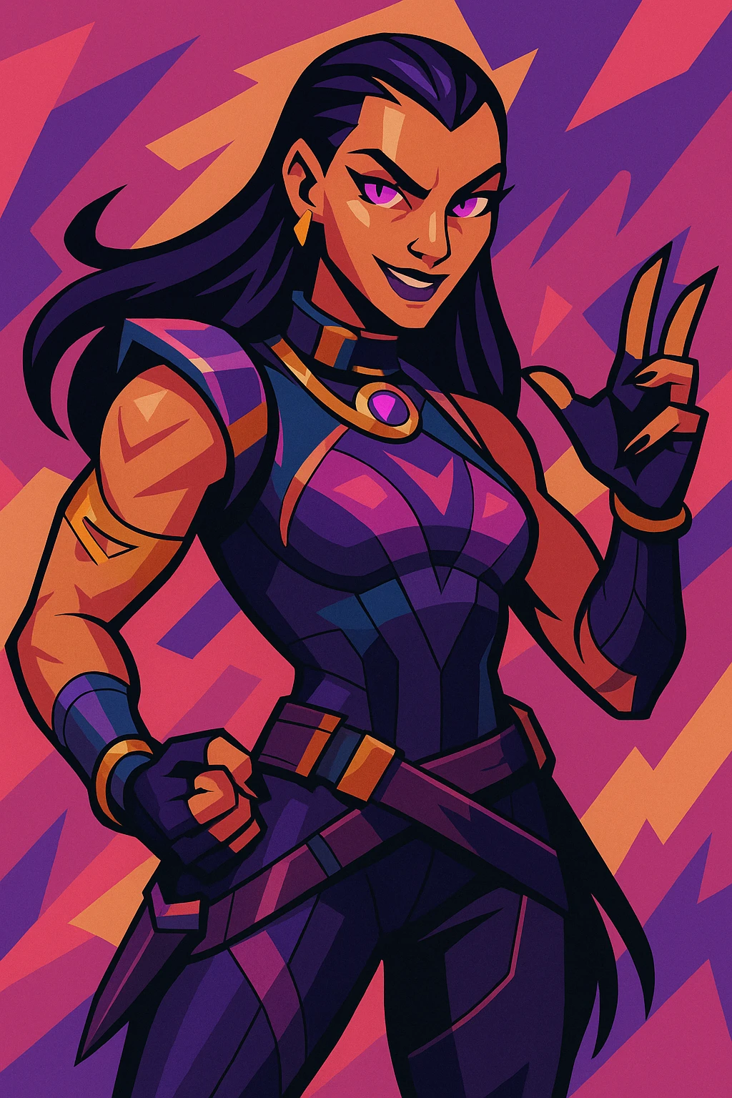 Valorant agent Reyna with purple eyes and long dark hair, confident expression, dynamic pose, detailed, vibrant colors, game character style emoji