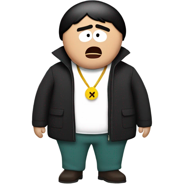 Surprised man with black hair in a Cartman (from the South Park TV Show) costume emoji