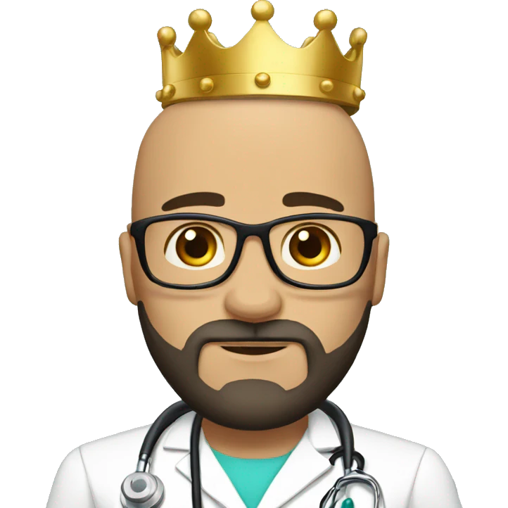 Bald tan male doctor with a crown and black beard emoji