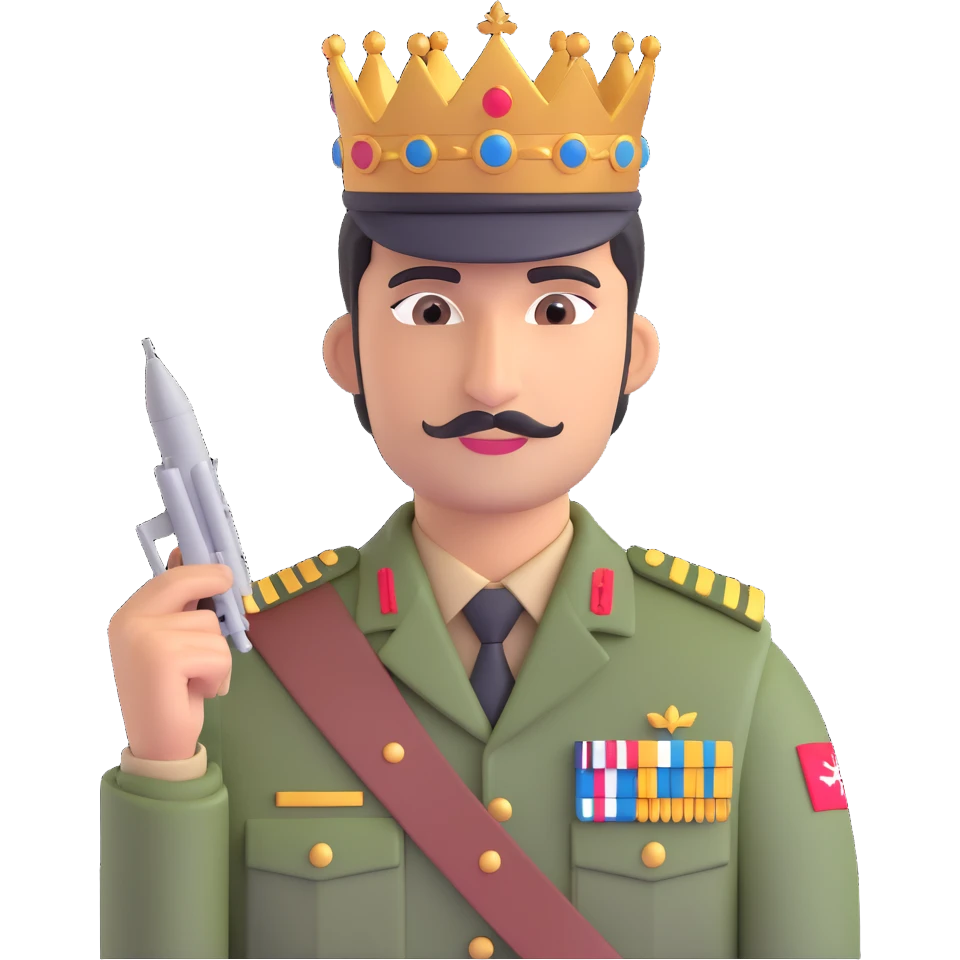 Pakistani soldier in uniform with a royal crown holding a miniature Indian jet, vibrant emoji