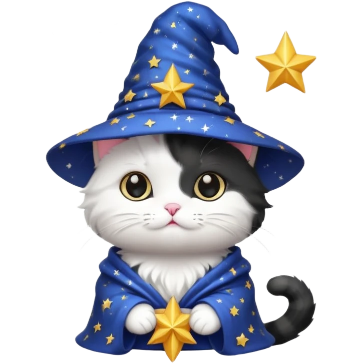 black and white kitty with a starry wizard hat emoji