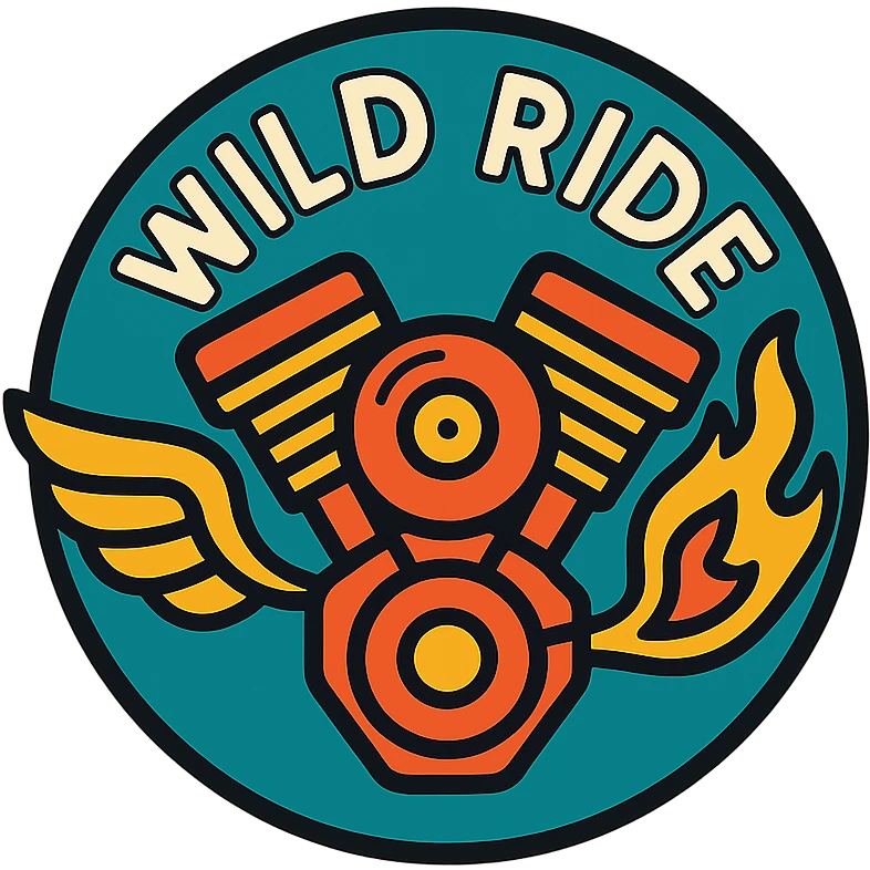 circular motorcycle cap design with the English phrase 'Wild Ride', featuring motorcycle motifs like motor, flame, wing, wild style emoji