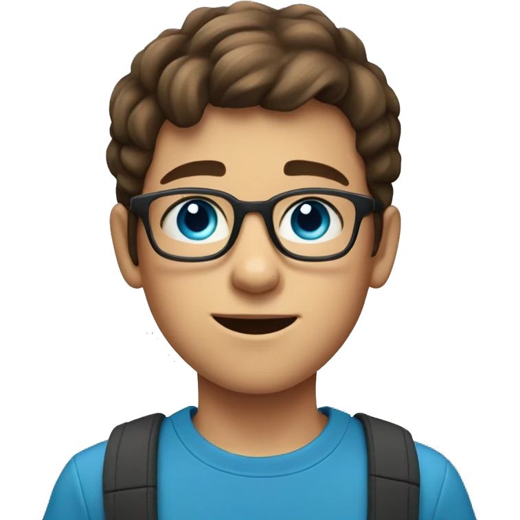 11 year old boy with brown hair with glasses as a fortnight character and blue eyes emoji