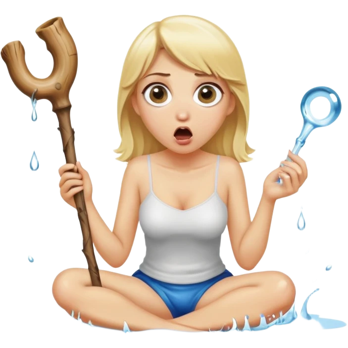 blond woman sitting on her knees with wide eyes, she's holding a thick stick with a D-shaped knob, the stick is made of skin, water squirting from the knob into her mouth, shocked face emoji