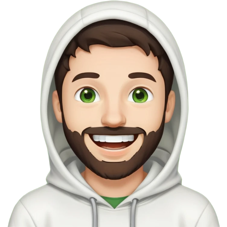 laughing guy with white hoodie, green eyes, dark brown hair and a short full beard emoji