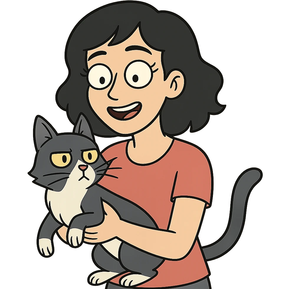 mulher de cabelo preto com gato frajola cinza em estilo flat toon emoji