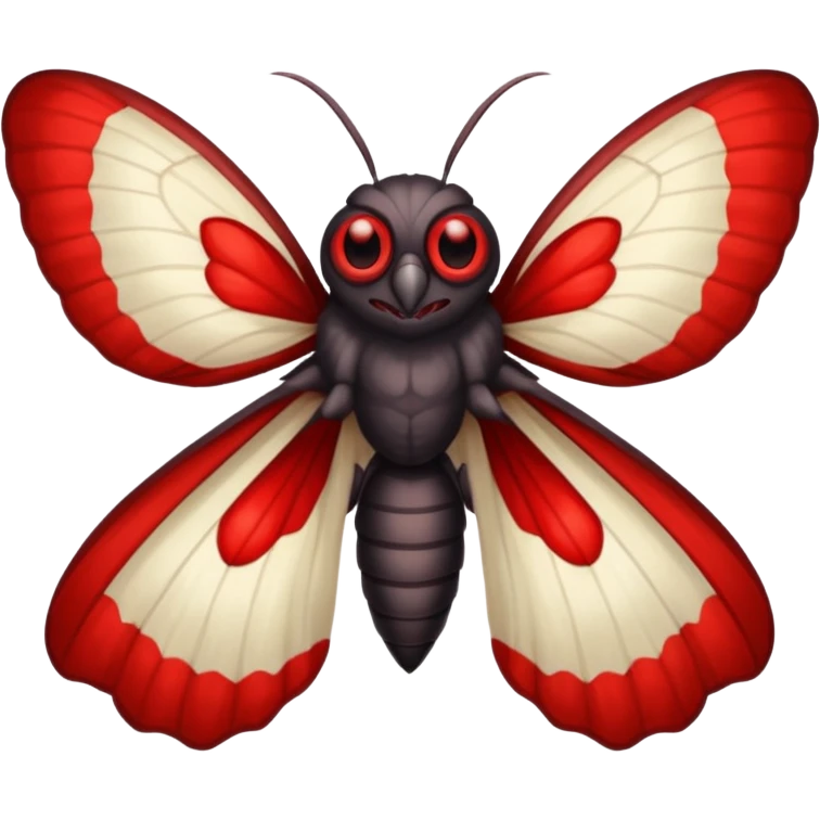 Create a scary emoji of the mothman with bright red eyes and as depicted in the legend. Make it less bird like and more Moth / Human hybrid- Human with Moth wings and Eyes emoji
