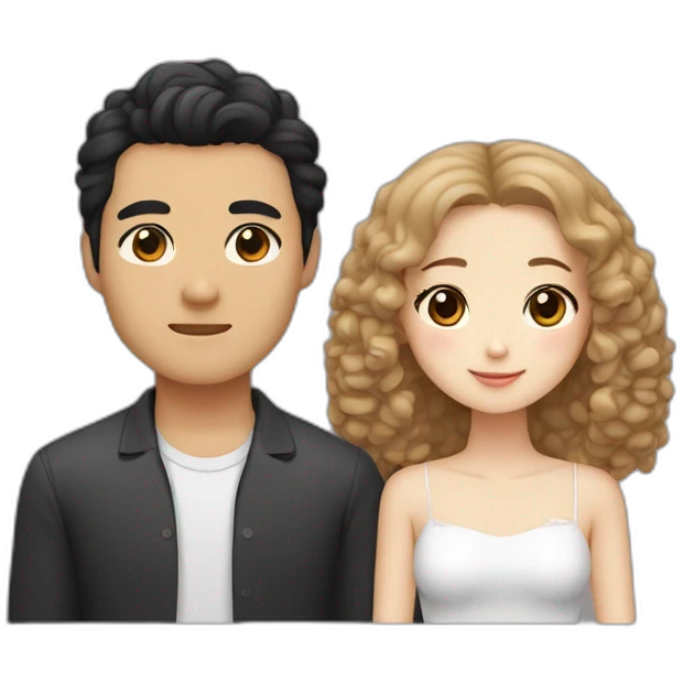 A couple consisting of asian korean man with dark eyes and black wavy hair and white girl with long straight blonde hair and brown eyes with brown toy poodle emoji