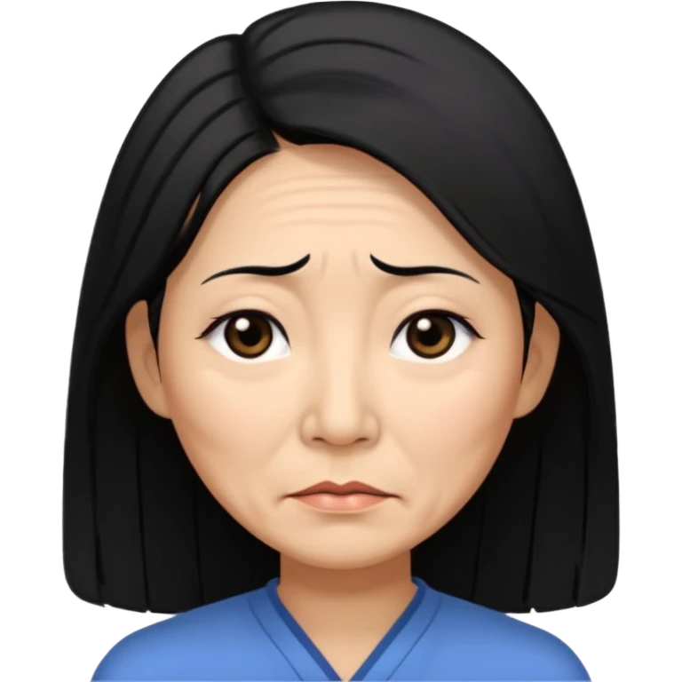 50 yr old asian woman, straight thick long black hair, big black, side part, tired emoji