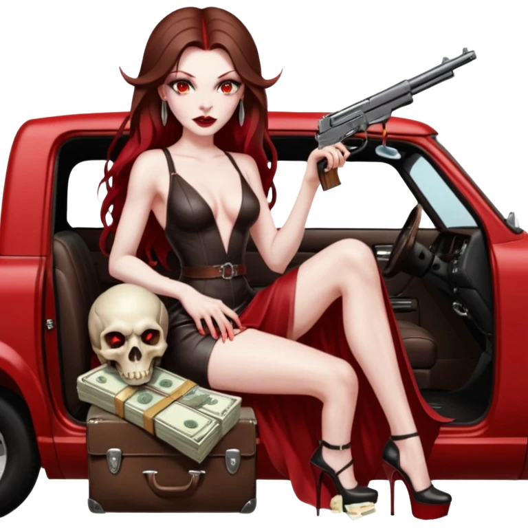 Lilith symbol red eye seductress evil long brown haired sexy succubus woman with leather long dress with slit on, sitting in Big Large F350 pickup truck. Platform long high heels on feet. Back seat full of stacks of cash, she is  Holding a man dead human skull of her enemies and a gun in other hand emoji
