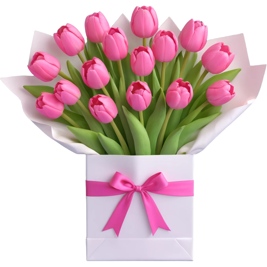 A bouquet of pink tulips in a white paper bag tied with a pink ribbon, in 3D iOS style, pastel colors, soft shadows, clean and minimalistic design. emoji