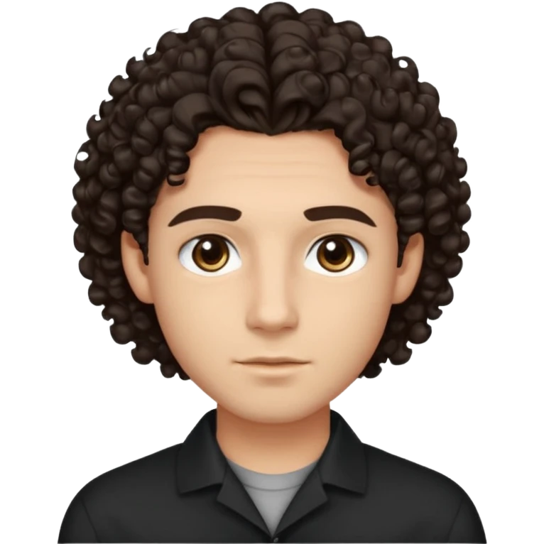 He’s a young man with light to medium skin, a defined oval face, full brows, deep-set eyes, and voluminous curly dark brown hair styled with height. expression calm and focused relaxed black open-collar shirt.polished, articulate, and professional vibe. emoji