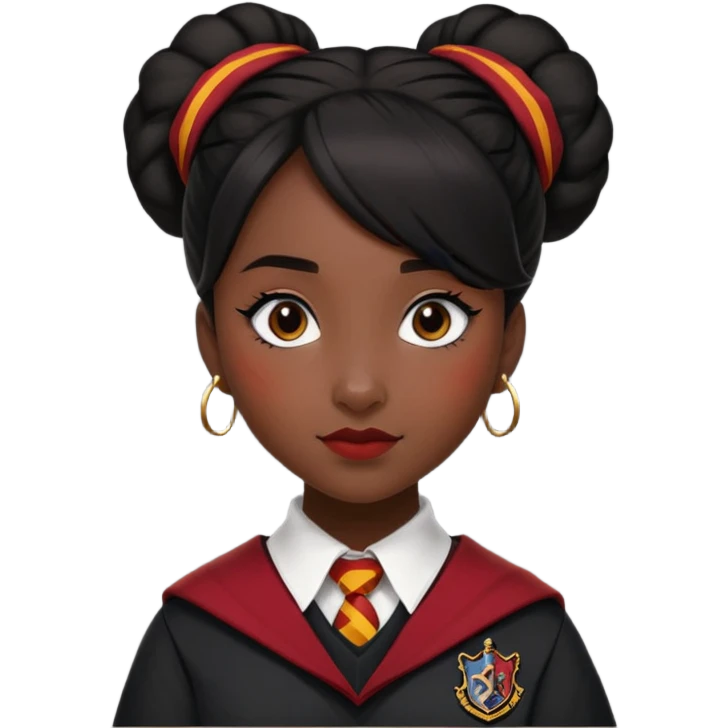 alicia spinnet in harry potter, wear hogwarts gryfindor uniform, black bun hair, black skin emoji