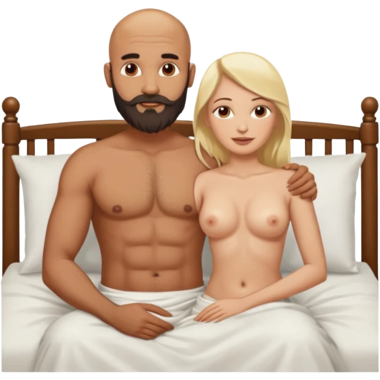 Fully Naked Indian bald man with a beard in bed with naked blonde fit woman emoji