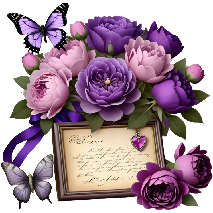 An antique love letter bundle, bound delicately with a purple silk ribbon, rests beside an arrangement of dried blush violet roses, lilac peonies, and soft purple dahlias, while a silver butterfly brooch adorned with pearls seems to pause, captivated by the deep violet inked calligraphy flowing across the aged parchment. emoji