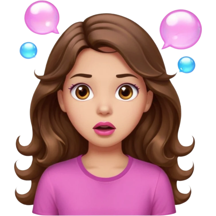 girl with long wavy brown hair, brown eyes, light to medium complexion, in a pink shirt, pink lips, long lashes, surprised, wow bubble emoji
