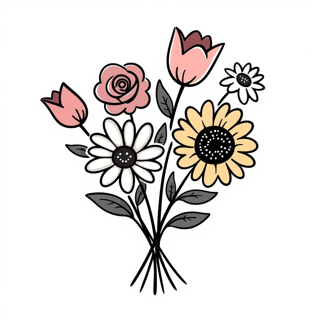 a bouquet with a variety of different flower types including roses, tulips, daisies, sunflowers, and lilies with stems and leaves in pastel colors dd9fb0, ffc6d3, a3bfc9, c4bee2, f1b091, detailed hand-drawn doodle style emoji