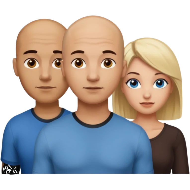 tattooed completely bbald brown eyed male with blonde haired blue eyed big boob female with brunette haired brown eyed big boob female throuple  emoji