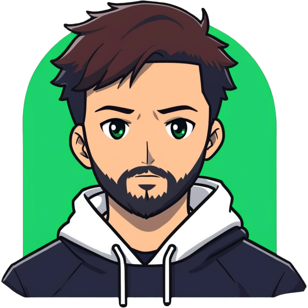 anime style man with short full beard, dark brown undercut hairstyle, white hoodie, and green eyes emoji