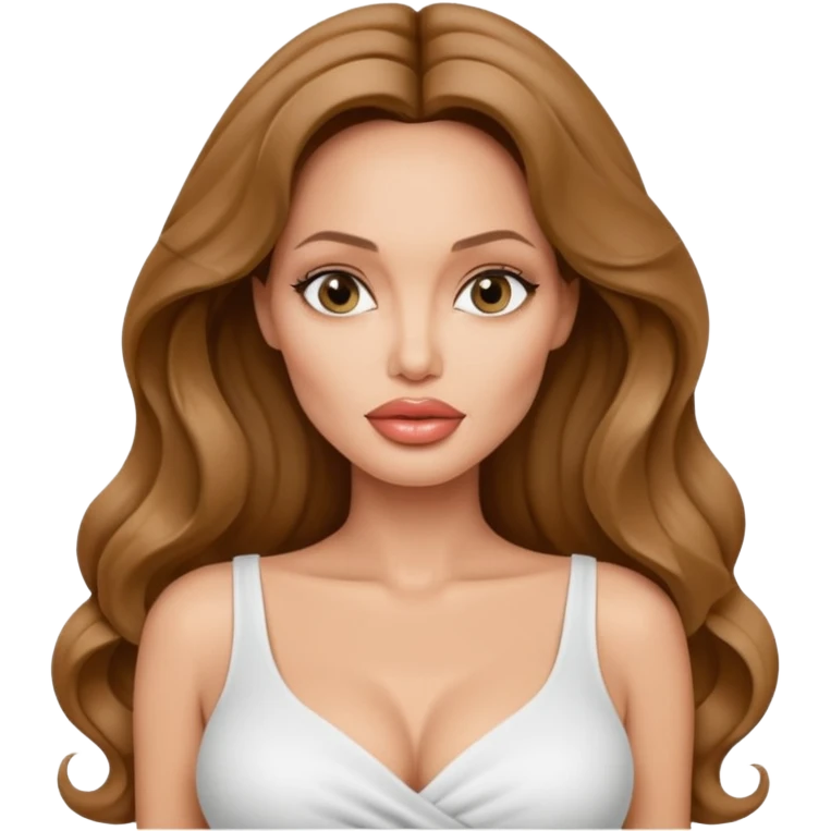 Angelina jolie , fashion model Beautiful woman model adult   large breasts  with monolid narrow eyes tan skin, full lips  long hair curled model white  top   emoji