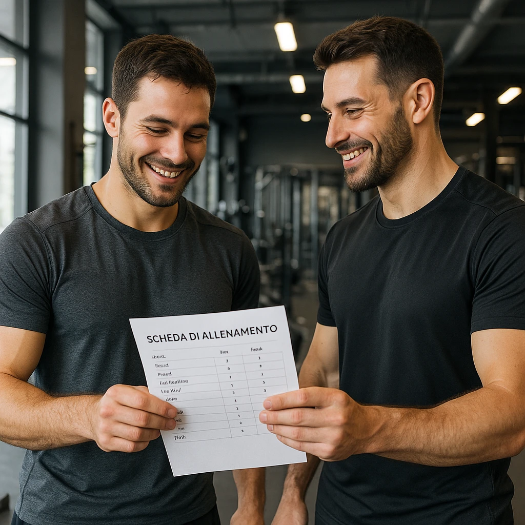 Uomo in palestra che riceve una nuova scheda di allenamento scritta in italiano da un istruttore, entrambi in abbigliamento sportivo, ambiente da palestra moderna, dettagli iperrealistici 4K, espressioni sorridenti. emoji