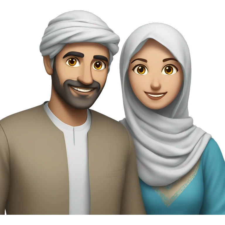 smiling couple under blue sky, the arab man has a black barb emoji