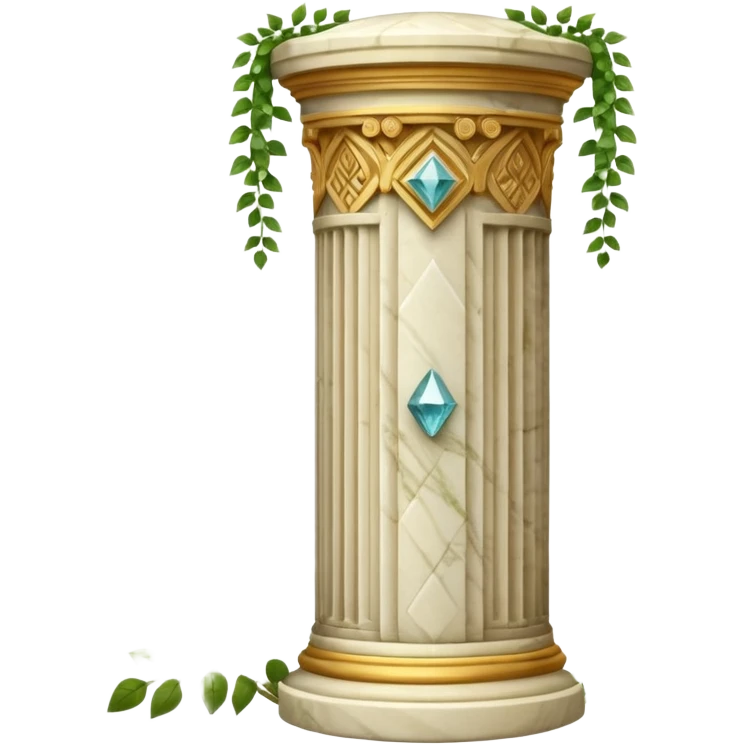 generate beautiful greek marble pillar intricate front view more beautiful with greenery wrapping around the pillar make the pillar made of diamond emoji