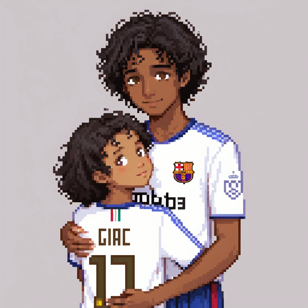 A tall boy with brown eyes, black hair, and white skin, wearing a Barça shirt, hugging a short girl with curly black hair, brown eyes, and bronze skin, wearing a Real Madrid shirt emoji