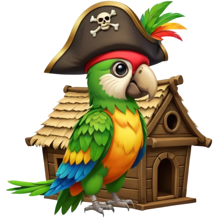 frontal view of an only Flying pirat parrot with a pirat hut. no other objects emoji