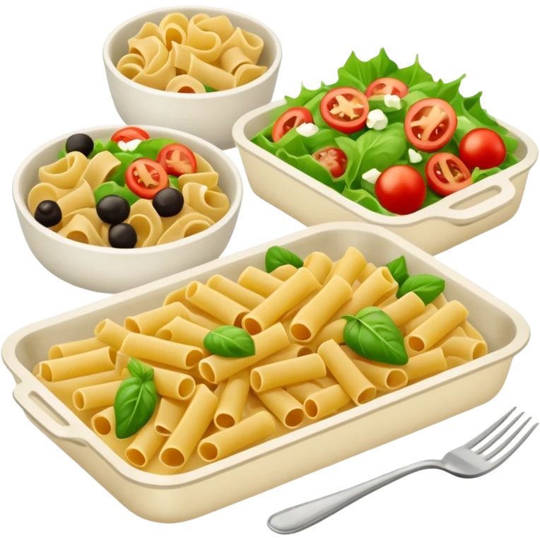 rectangle tray meal with  pasta, salad desert emoji